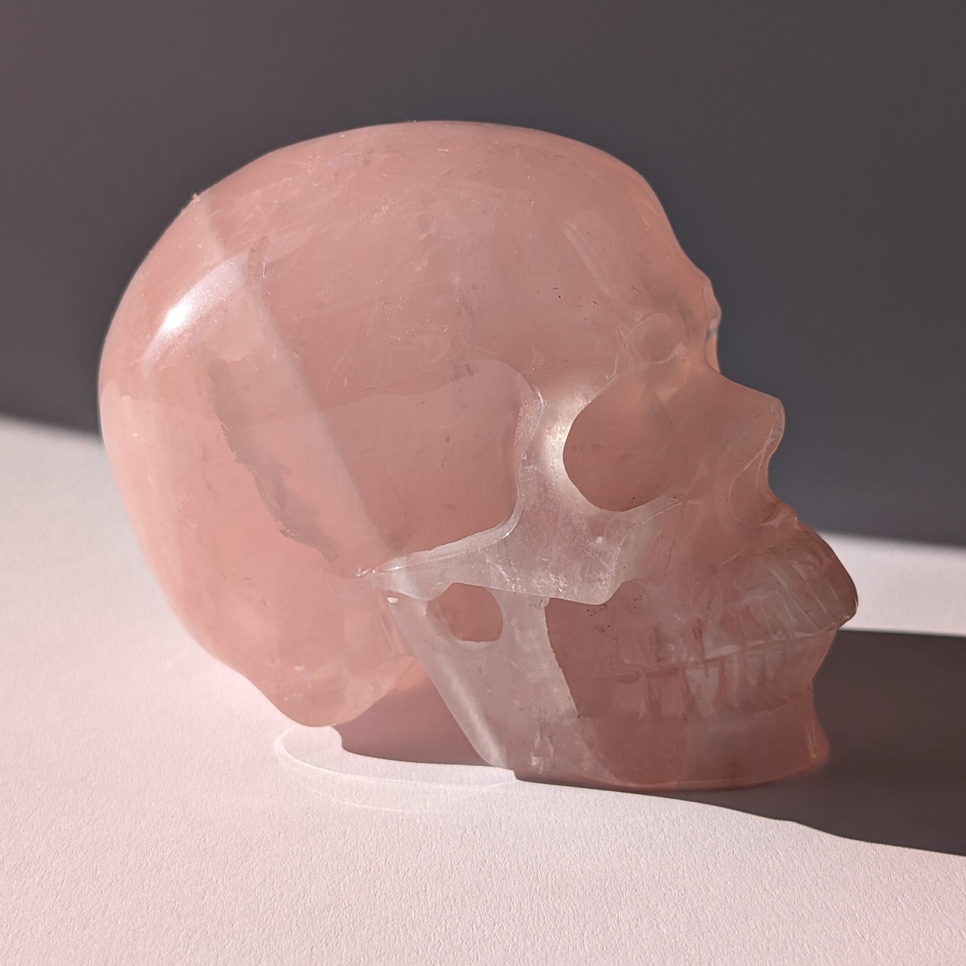 Großer Kristallschädel (1.16kg) aus sanft leuchtendem Rosenquarz im Seitenprofil.