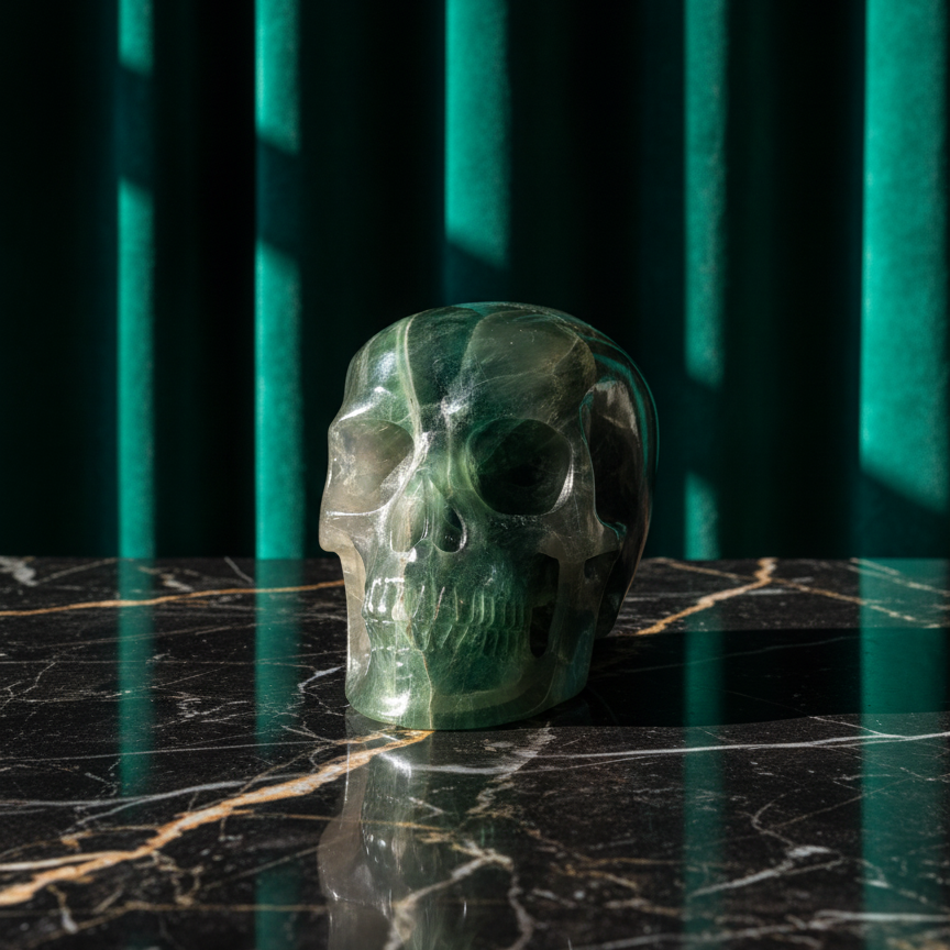 Großer Kristallschädel "Artas" (1.5kg) aus grünem und/oder violettem Fluorit.