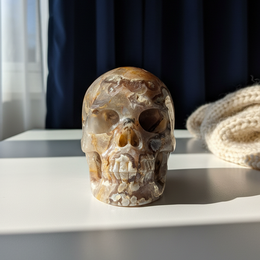 Großer Kristallschädel "Cord" (1.27kg) aus Blumenachat mit rosa-weißen Blüten-Einschlüssen.