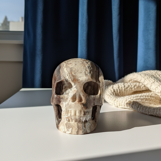 Großer Kristallschädel "Grulaman" (1.37kg) aus stark gemustertem Achat/Jaspis in Erdtönen.