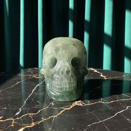 Großer Kristallschädel "Gulkar" (fast 2kg) aus leuchtend grünem Fluorit, seitlich beleuchtet.