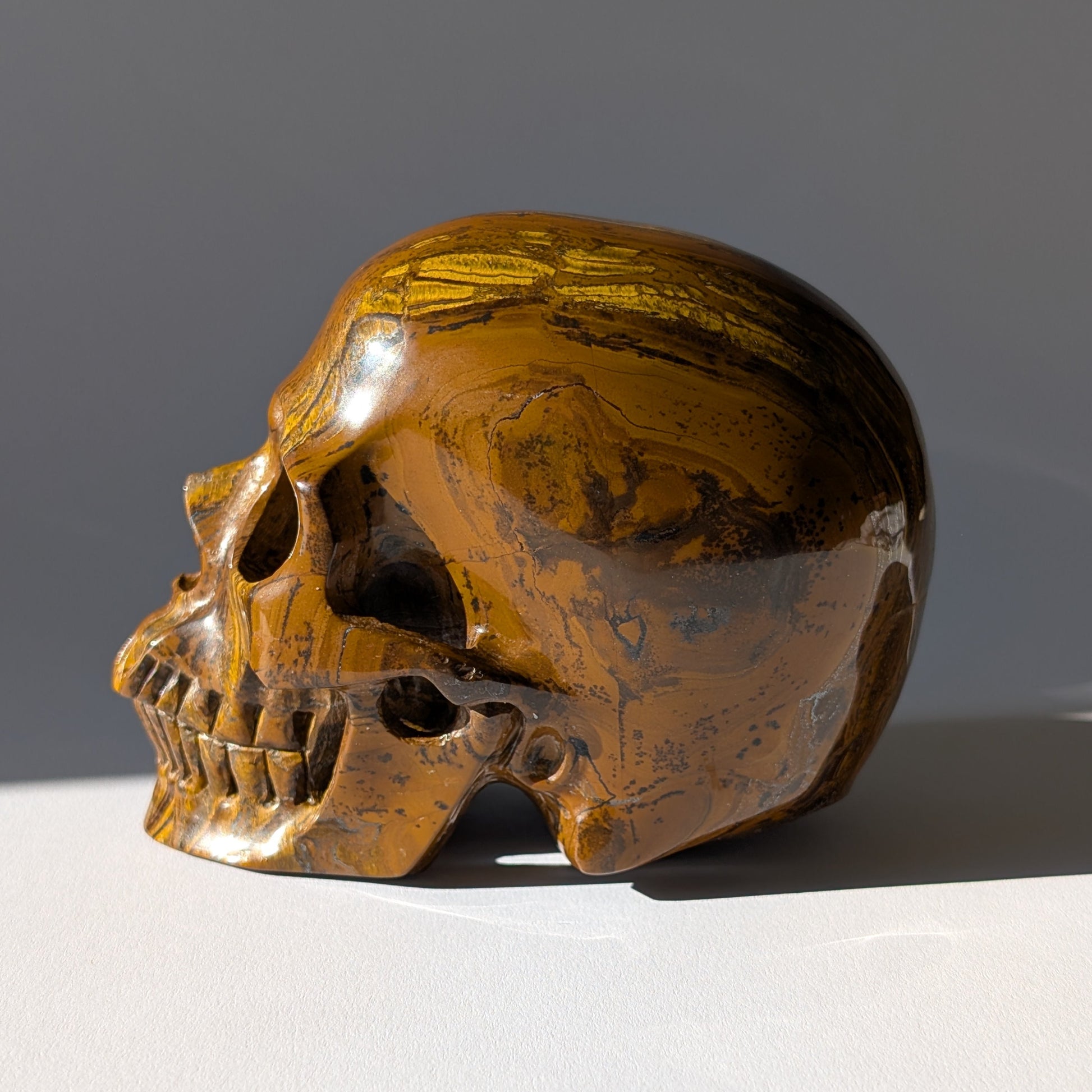 Großer Kristallschädel "Mekil" (1.32kg) aus gebändertem Tigereisen mit Goldschimmer.