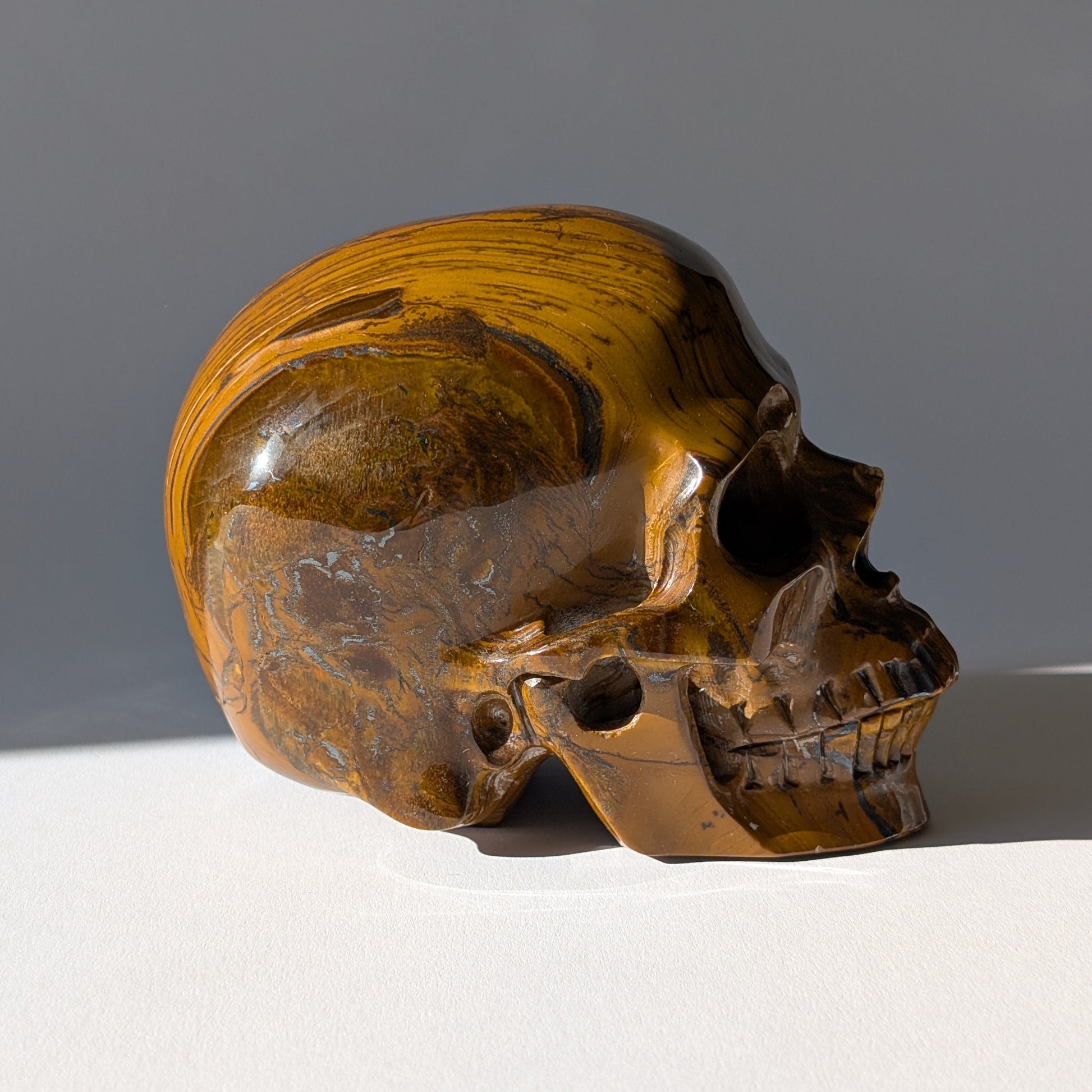 Großer Kristallschädel "Mekil" (1.32kg) aus gebändertem Tigereisen mit Goldschimmer.