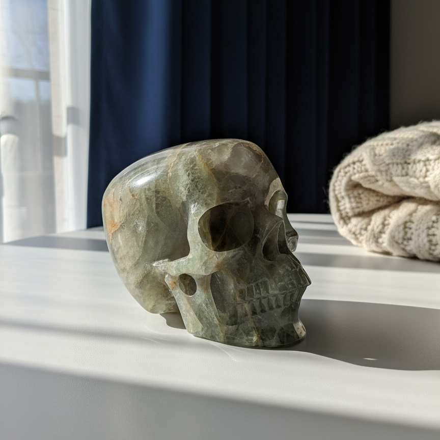 Großer Kristallschädel "Munari" (1.57kg) aus grün-gelb gebändertem Fluorit (Flachkopf-Stil)