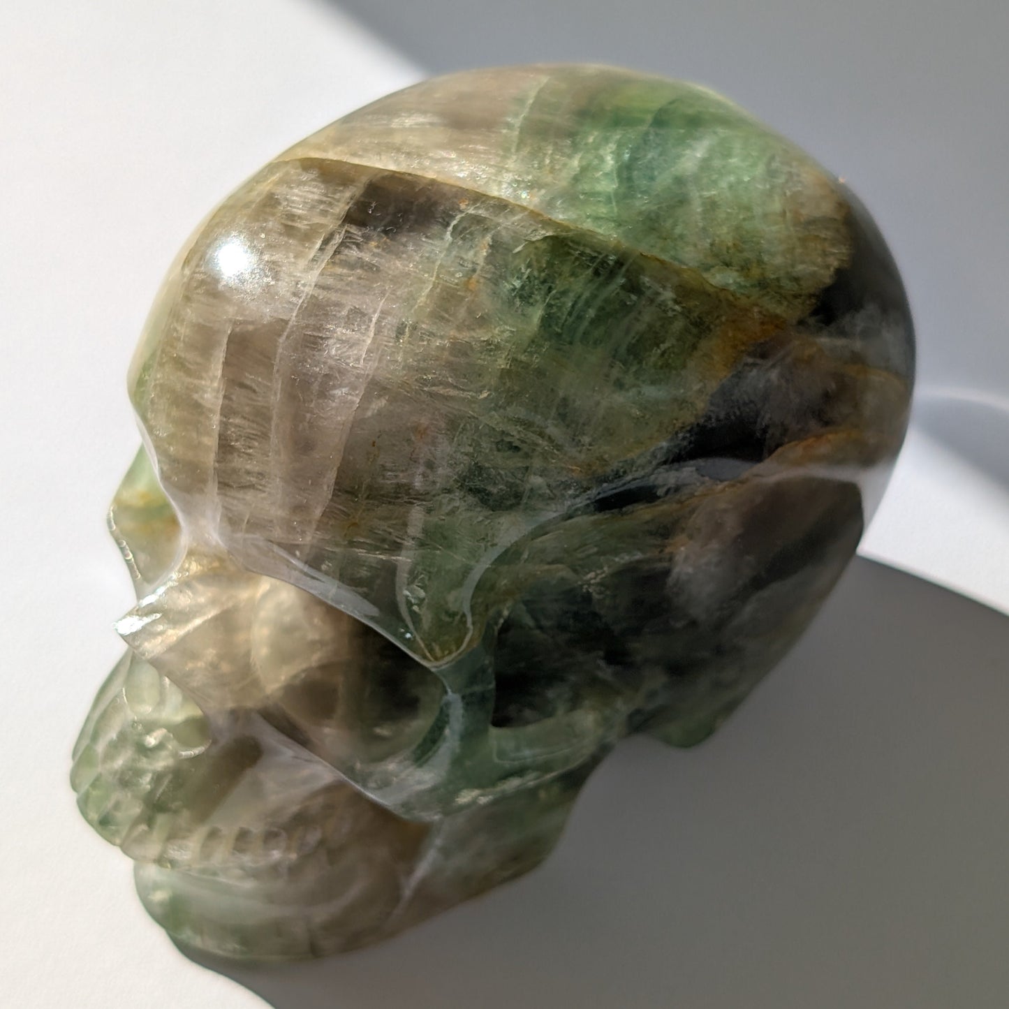 Großer Kristallschädel "Munari" (1.57kg) aus grün-gelb gebändertem Fluorit (Flachkopf-Stil)