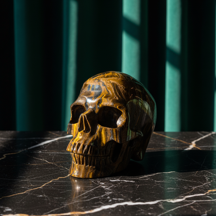 Großer Kristallschädel "Roban" (1.55kg) aus hochwertigem Tigereisen mit starkem Goldschimmer.