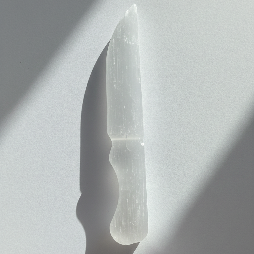 Handgeschliffenes Ritualmesser aus weißem, lichtdurchlässigem Selenit auf hellem Untergrund.