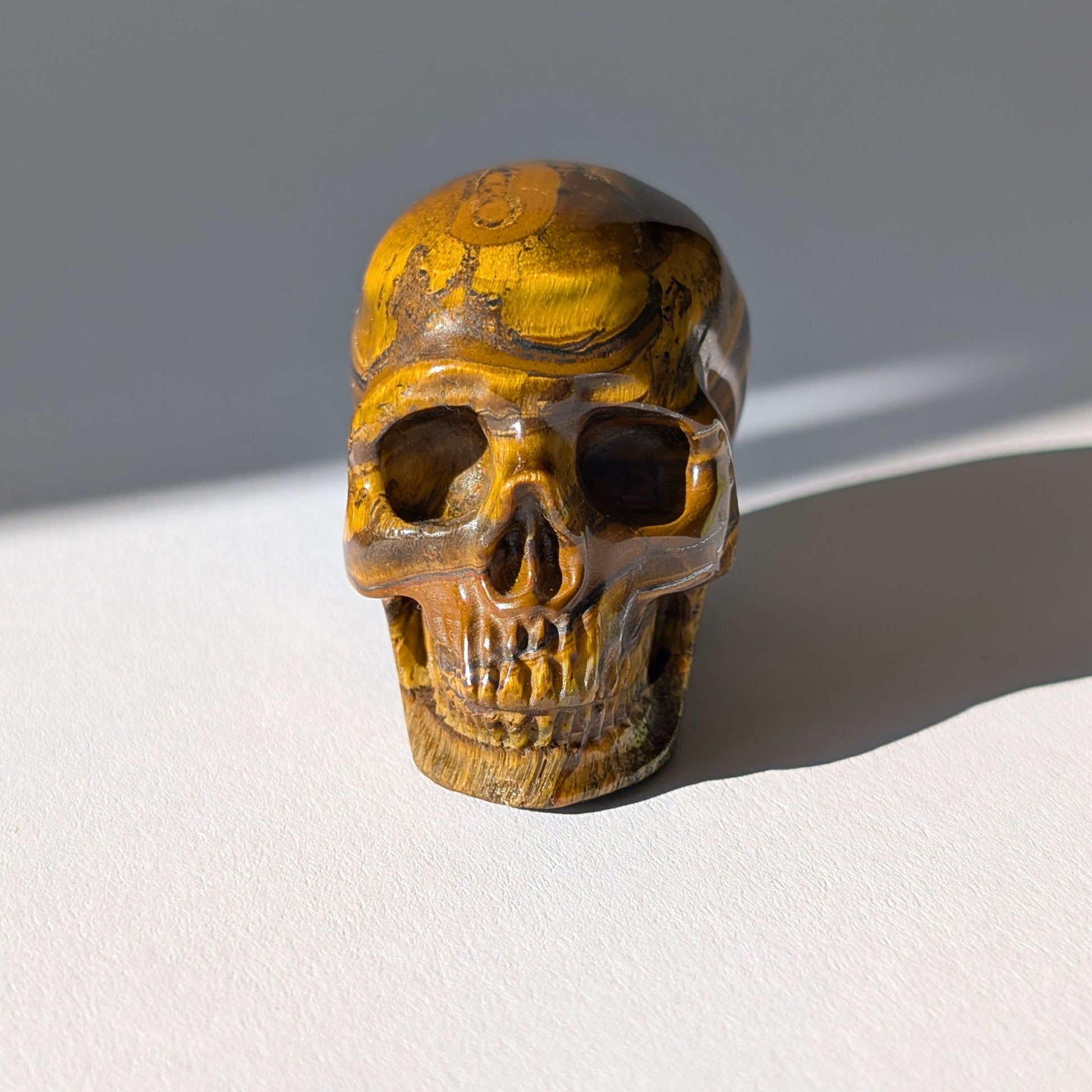 Kleiner Kristallschädel "Gonthar" (95g) aus gebändertem Tigereisen (Tigerauge, Hämatit, Jaspis).