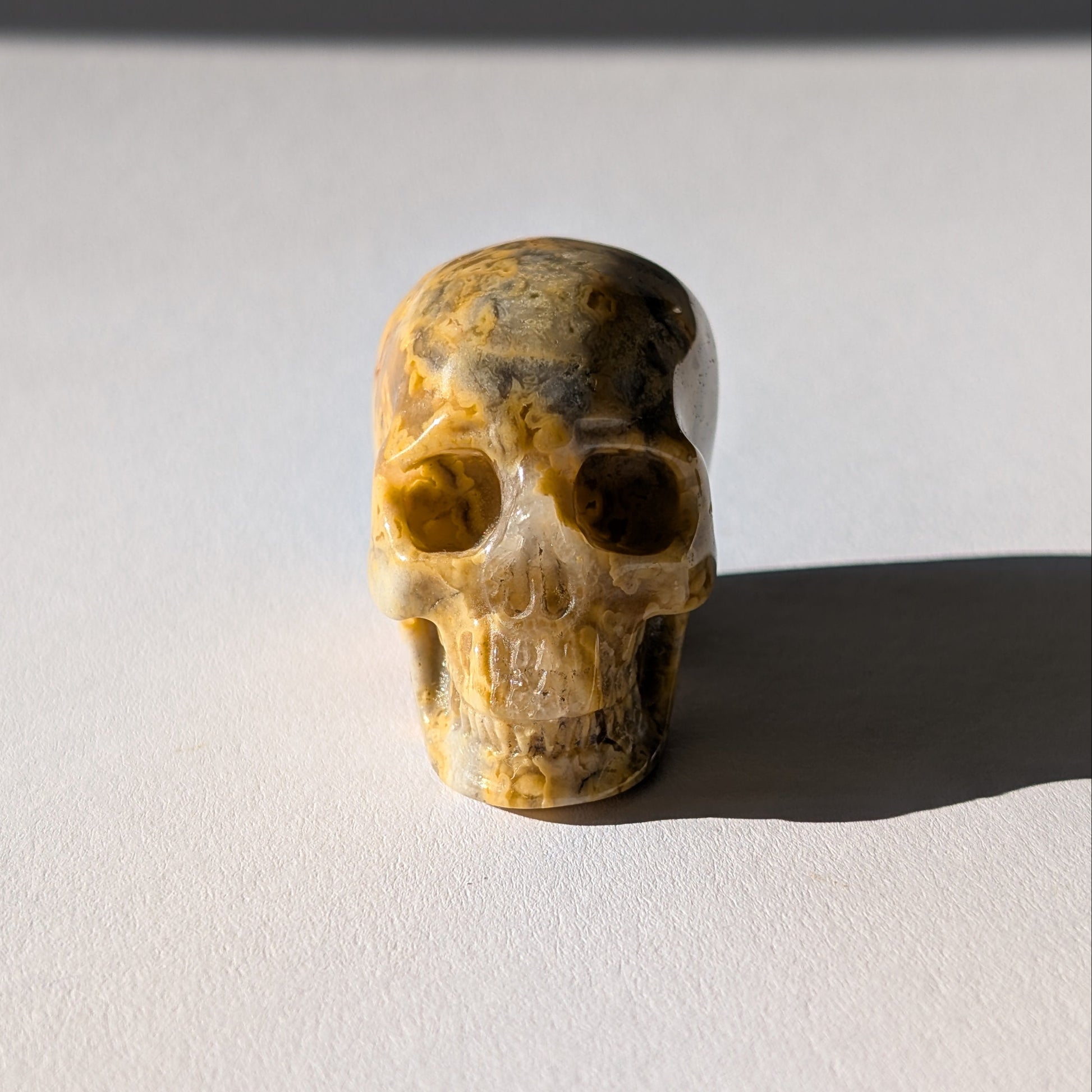 Kleiner Kristallschädel "Portal" (80g) aus bunt gemustertem Polychrom Jaspis (Wüstenjaspis).