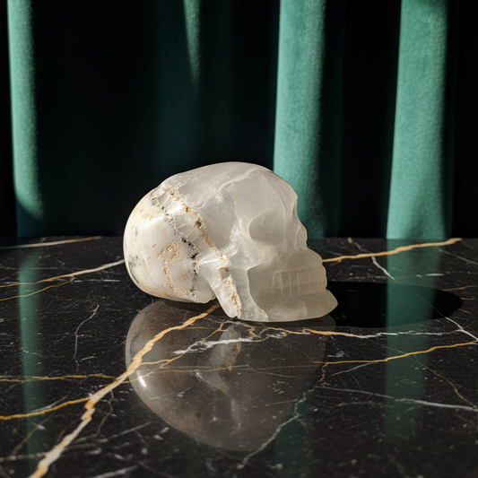 Kristallschädel "Baranor" (152g) aus Quarz mit dunklen dendritischen Einschlüssen (Baum-Achat Optik).