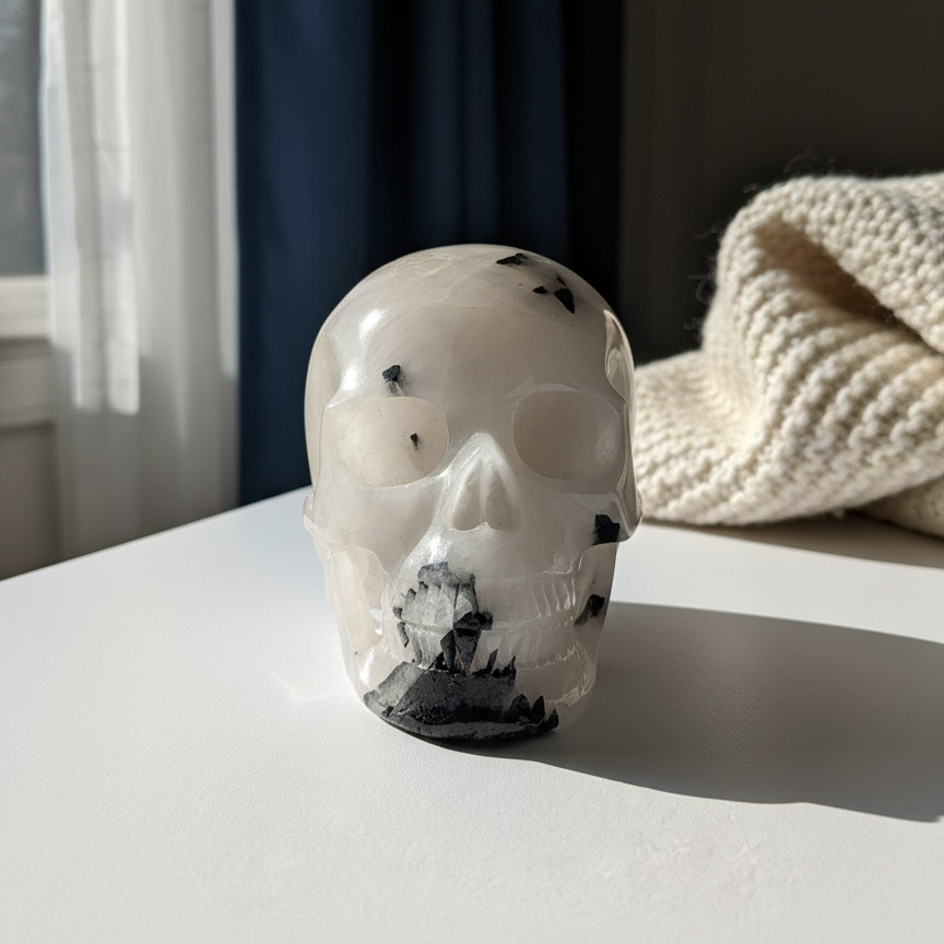 Kristallschädel "Cornelius" (645g) aus Quarz mit vielen schwarzen Turmalin-Nadeln.