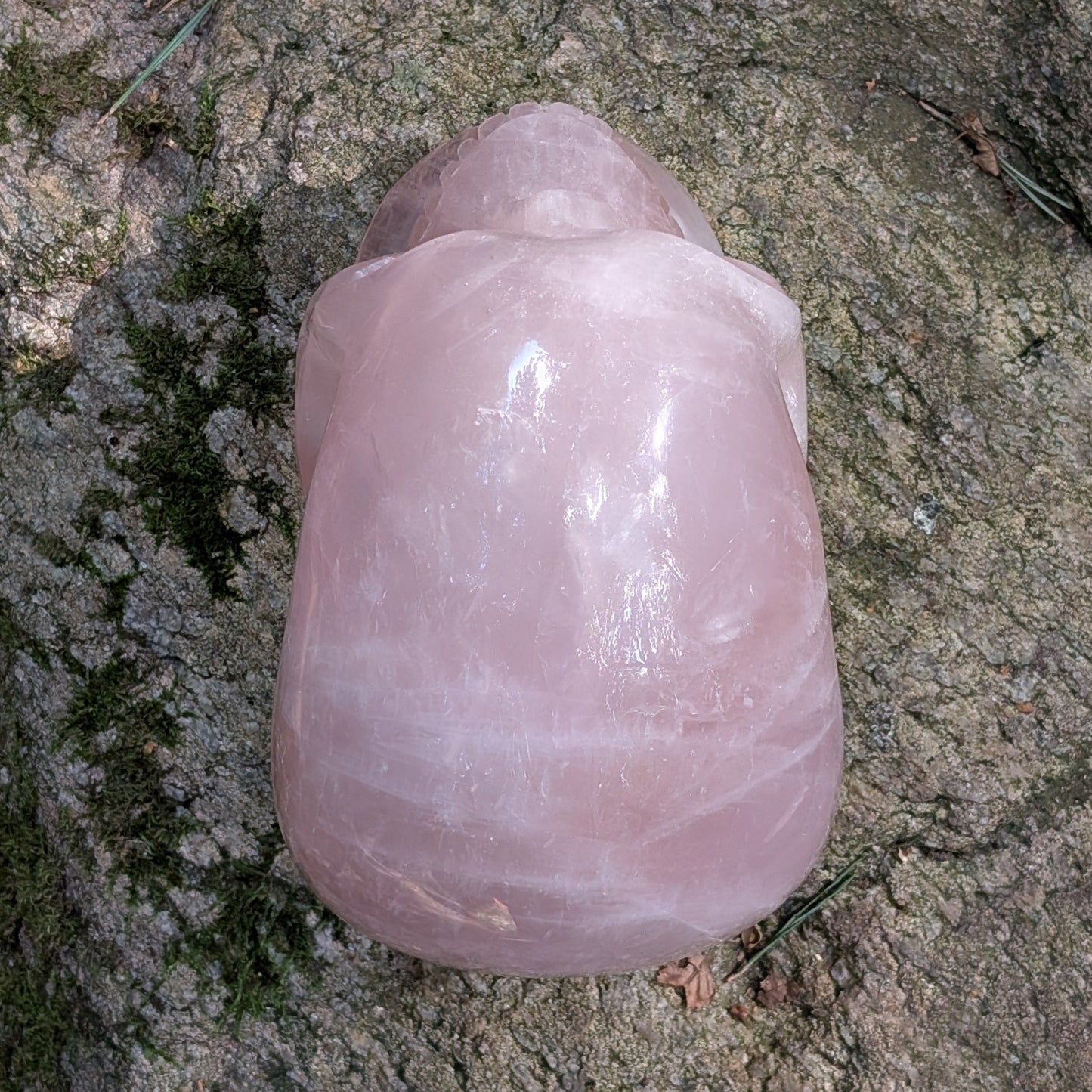 Kristallschädel "Elara" aus milchig-rosa Rosenquarz mit inneren Regenbogen-Einschlüssen.