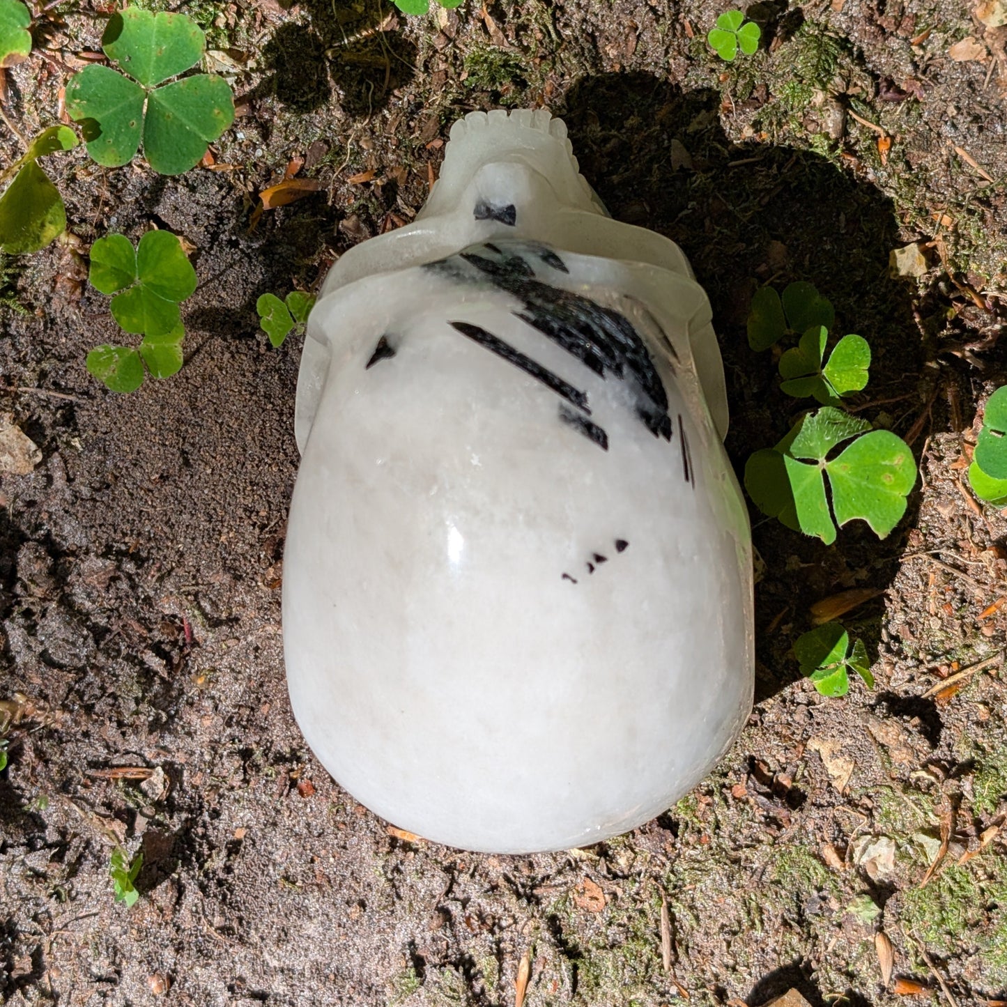 Kristallschädel "Felsengeist" aus Turmalin-Quarz mit schwarzen Nadel-Einschlüssen.
