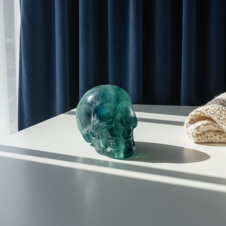 Kristallschädel "Guilin" (338g) aus leuchtend grünem, klarem Fluorit im Licht.