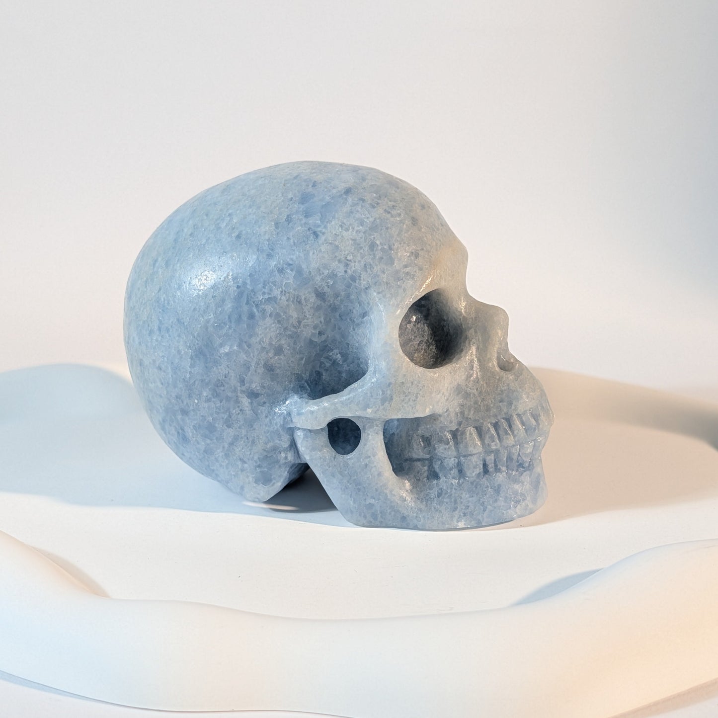 Kristallschädel Knoblin aus hellblauem Anhydrit 445g mit tiefen, natürlichen Narben im kontrastreichen, kühlen Licht