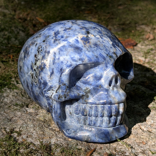 Kristallschädel "Ozean-Philosoph" aus Sodalith mit blau-weißer Maserung.