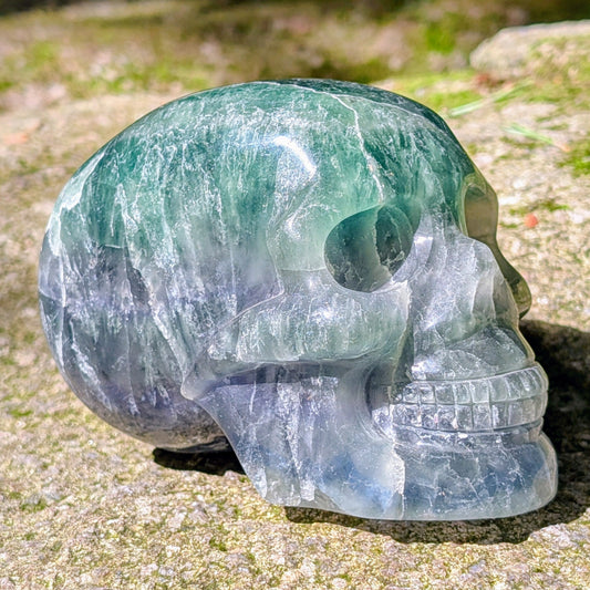 Kristallschädel "Regenbogenhüter" aus Regenbogenfluorit mit grünen, blauen und violetten Farbzonen.