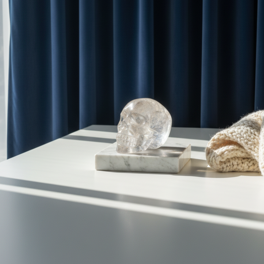 Kristallschädel "Sayir" (342g) aus klarem Bergkristall mit inneren Lichtreflexionen.