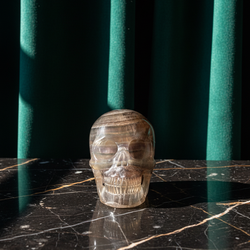 Kristallschädel "Seth" (500g) aus klar gebändertem Fluorit in Gelb, Violett und Klar.