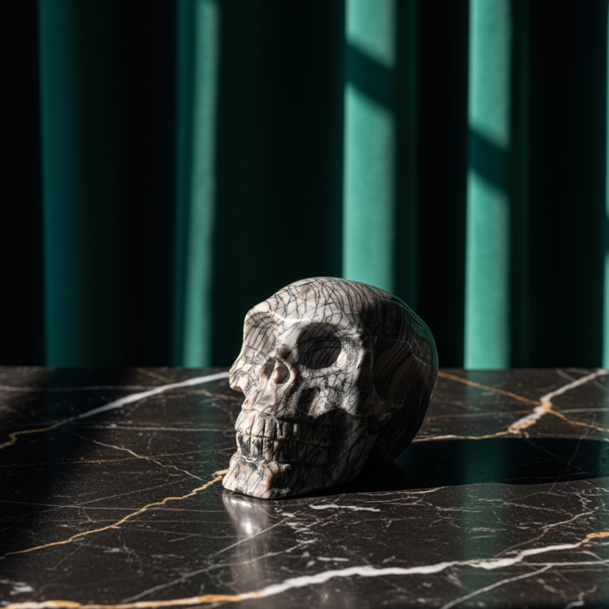 Kristallschädel "Townguard" (360g) aus Kalkstein mit markanter schwarz-weißer Zebra-Musterung.