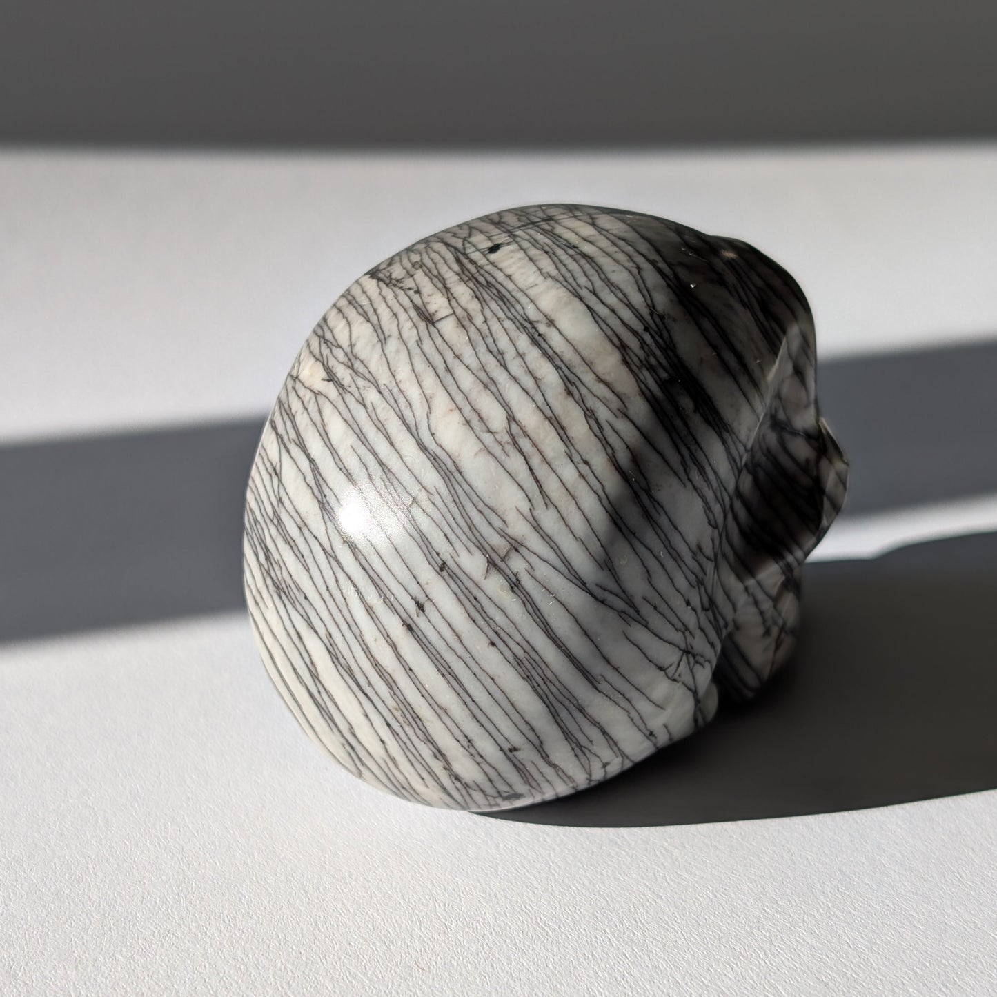 Kristallschädel "Townguard" (360g) aus Kalkstein mit markanter schwarz-weißer Zebra-Musterung.