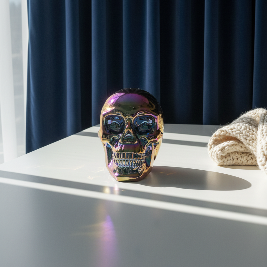 Kristallschädel "Trokan" (298g) aus Quarz mit schillernder Rainbow-Aurora Beschichtung.