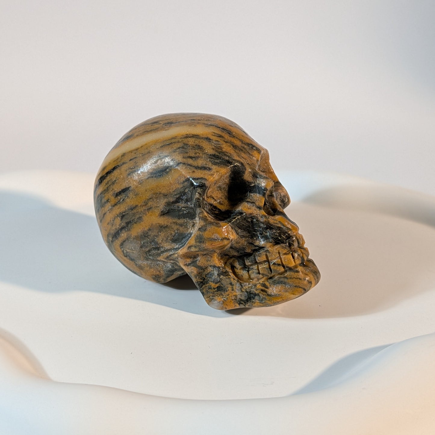 Kristallschädel Tworsnik aus Bumblebee Jaspis 227g mit markanten gelben und schwarzen Bändern im harten Kontrastlicht