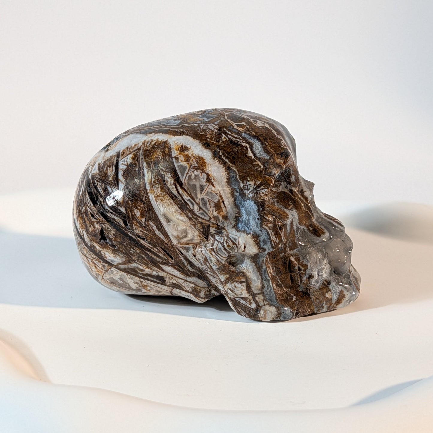 Massiver Kristallschädel Mumugg aus erdfarbenem Quarz mit tiefen, offenen Kristallhöhlen und zerrissener Gesteinsmatrix.