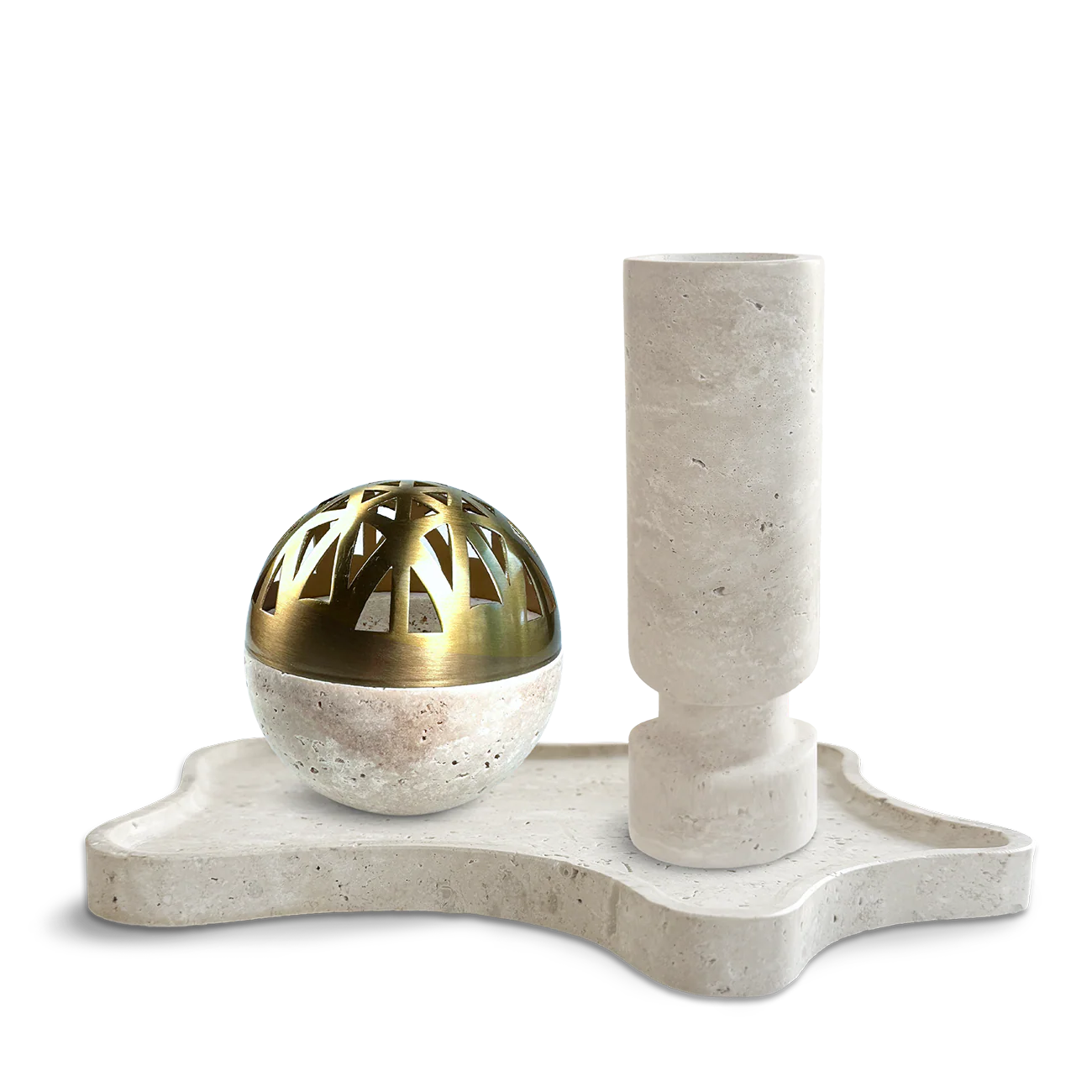 Patera Sphera Travertin Set – Tablett, Sphera Mini Gold Räucherkelch und Eosphoros Kerzenhalter