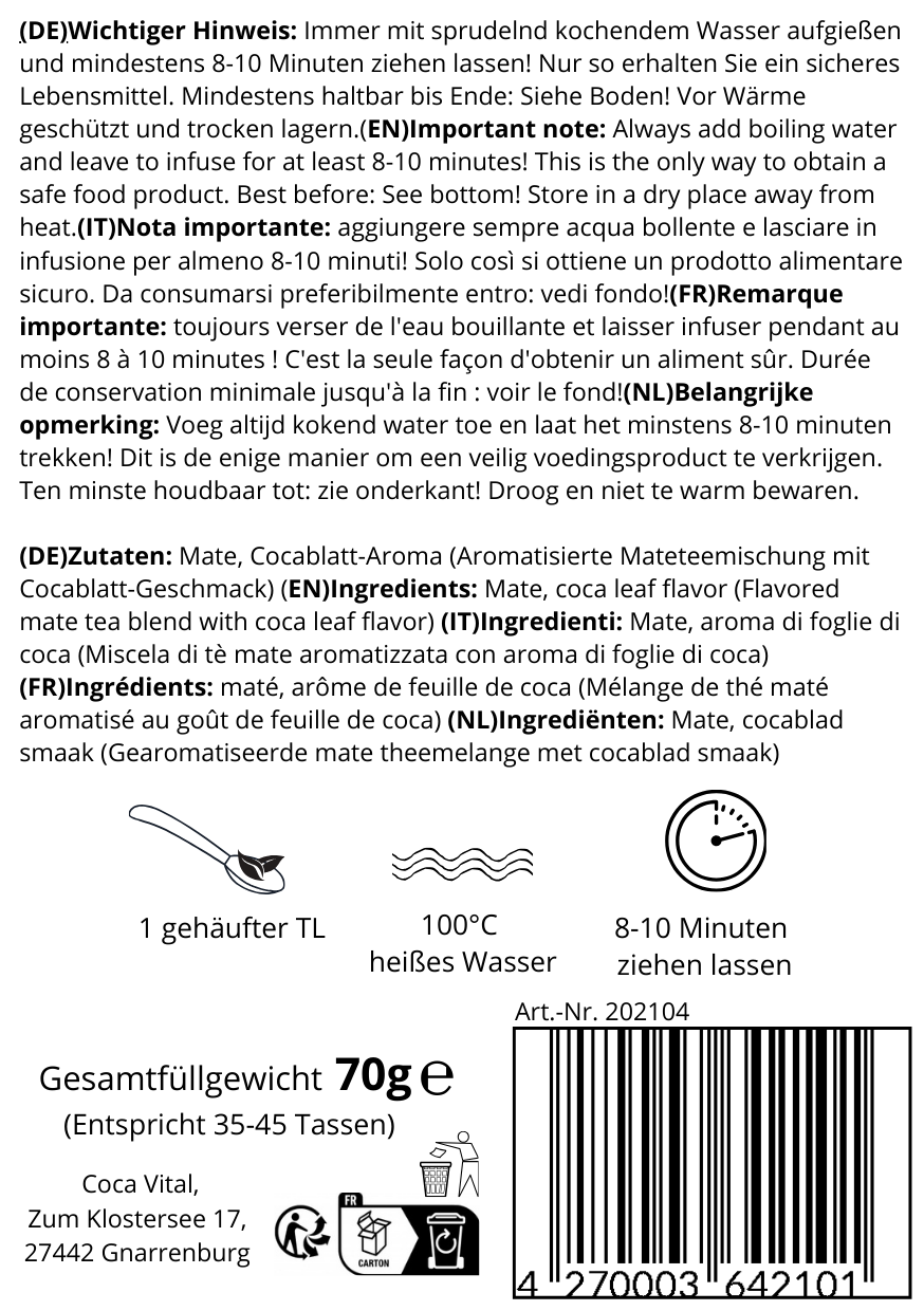 Rückseite der 70-g-Packung Peruanischer Mate mit Produktangaben