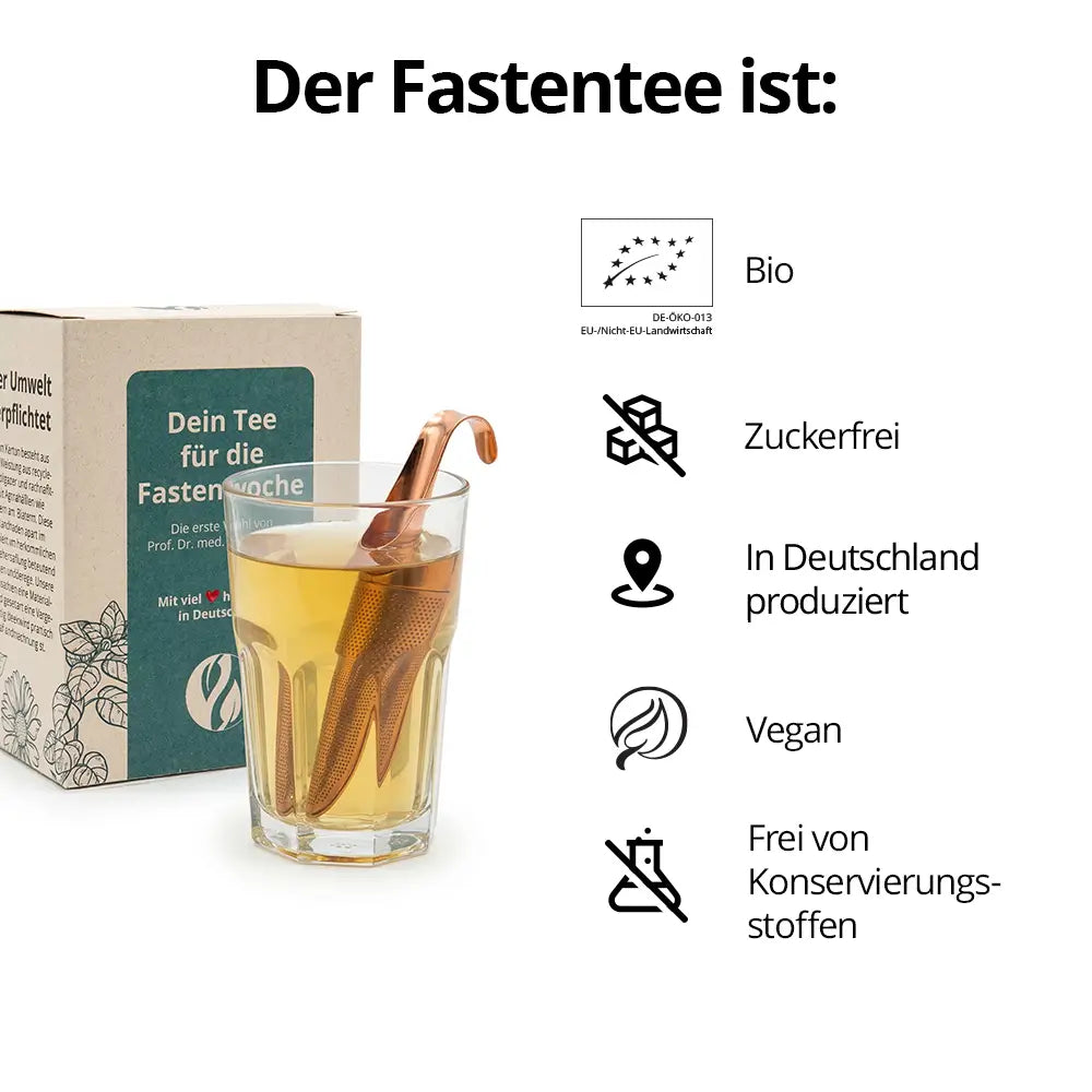 Fastentee Packung mit Teeglas und Hinweisen zu Bio und ohne Zucker