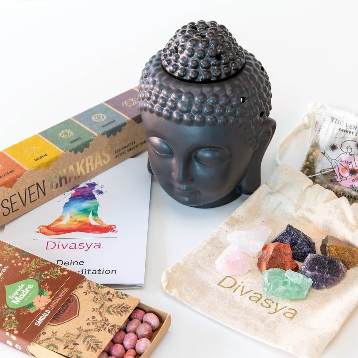 Chakra Meditation Geschenkset | Buddha, Steine & Tee