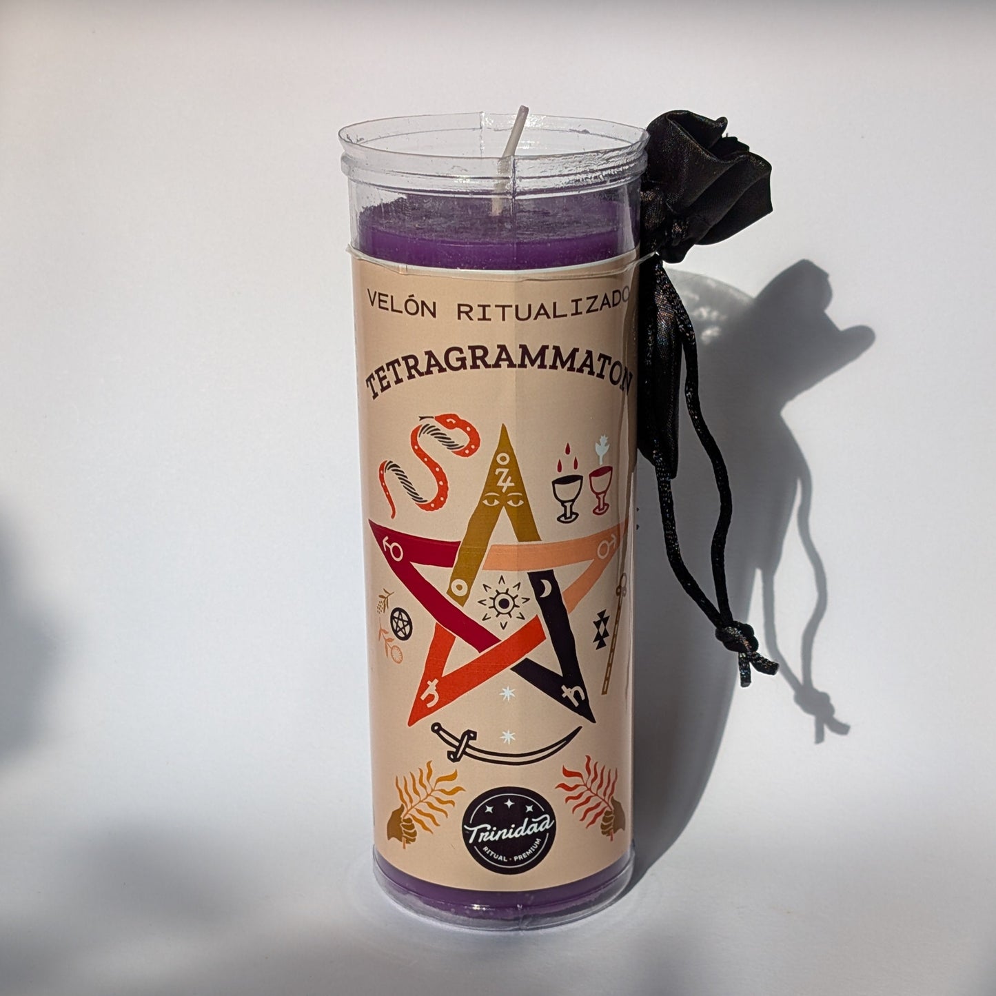 Trinidad Ritualkerze Tetragrammaton in schützender Kunststoffhülle.