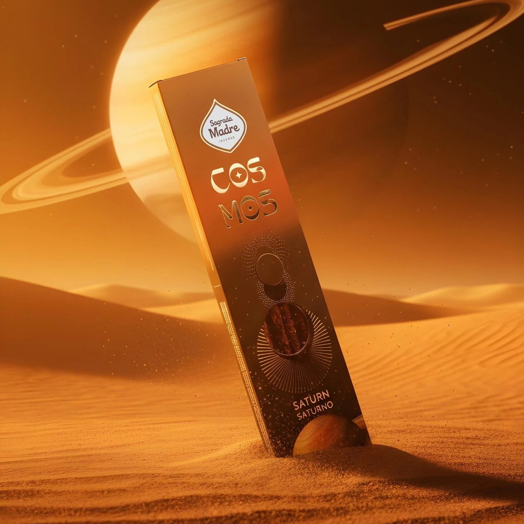 Verpackung der Sagrada Madre Cosmos Räucherstäb-chen Saturn vor einer kosmischen Wüstenlandschaft mit dem Planeten Saturn.