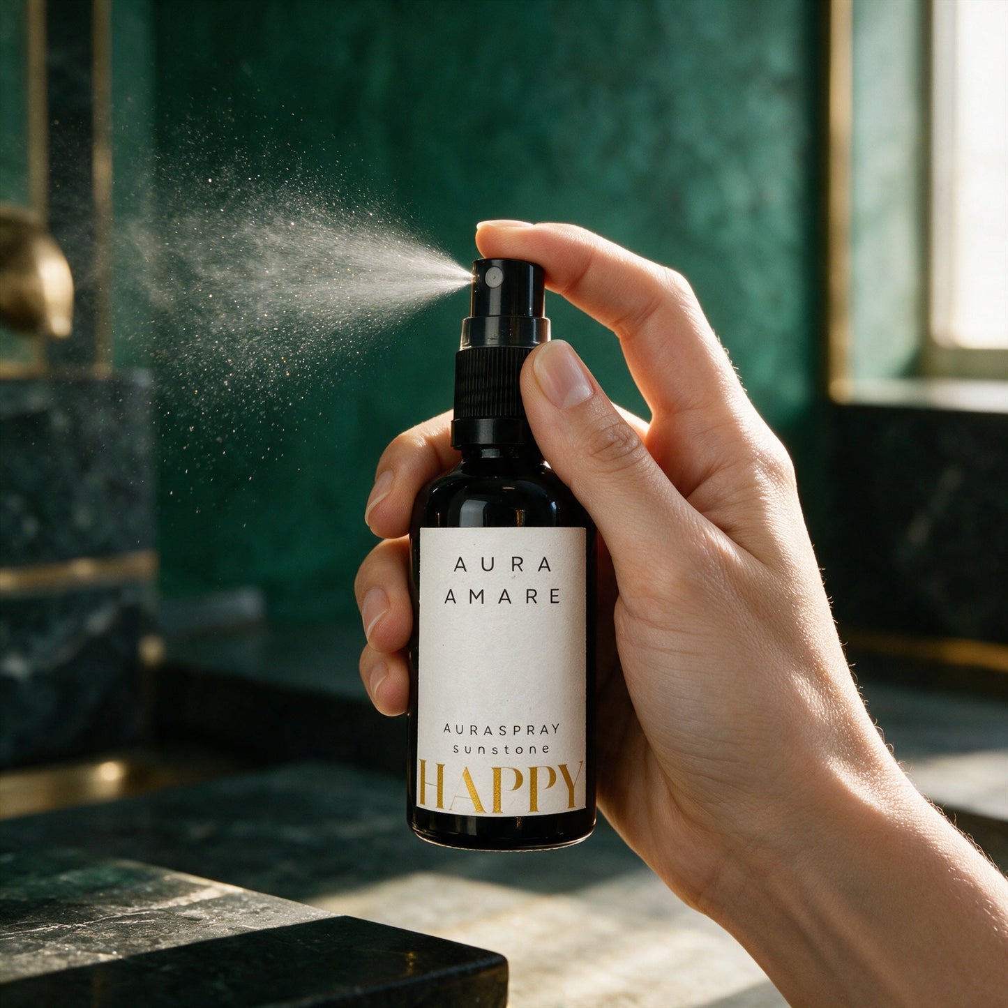 Auraspray HAPPY von AURA AMARE wird aus der 50-ml-Flasche fein in die Luft gesprüht