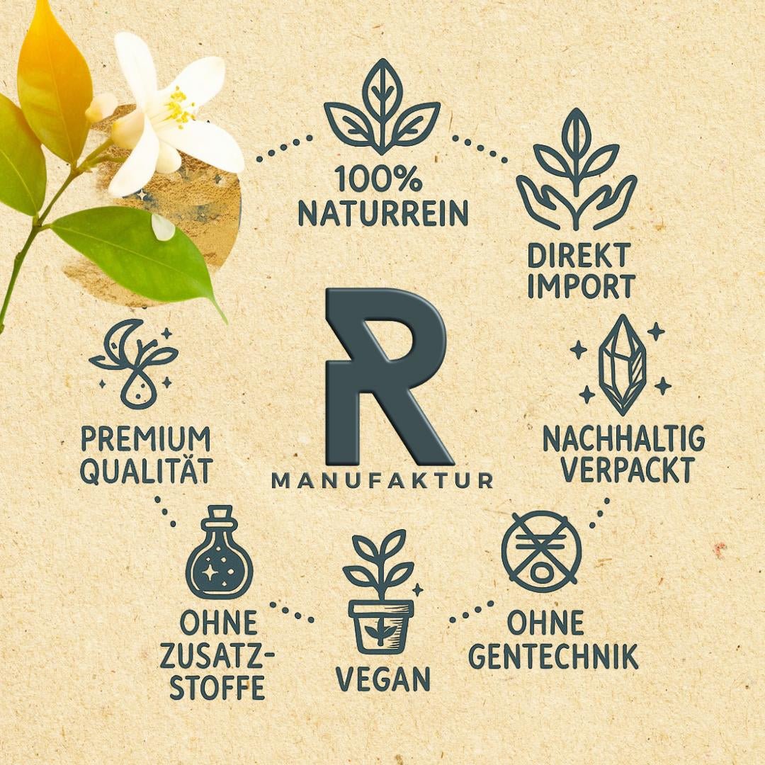 Qualitätsmerkmale der Ritualmanufaktur: naturrein, direkt importiert, nachhaltig verpackt, vegan, ohne Zusatzstoffe