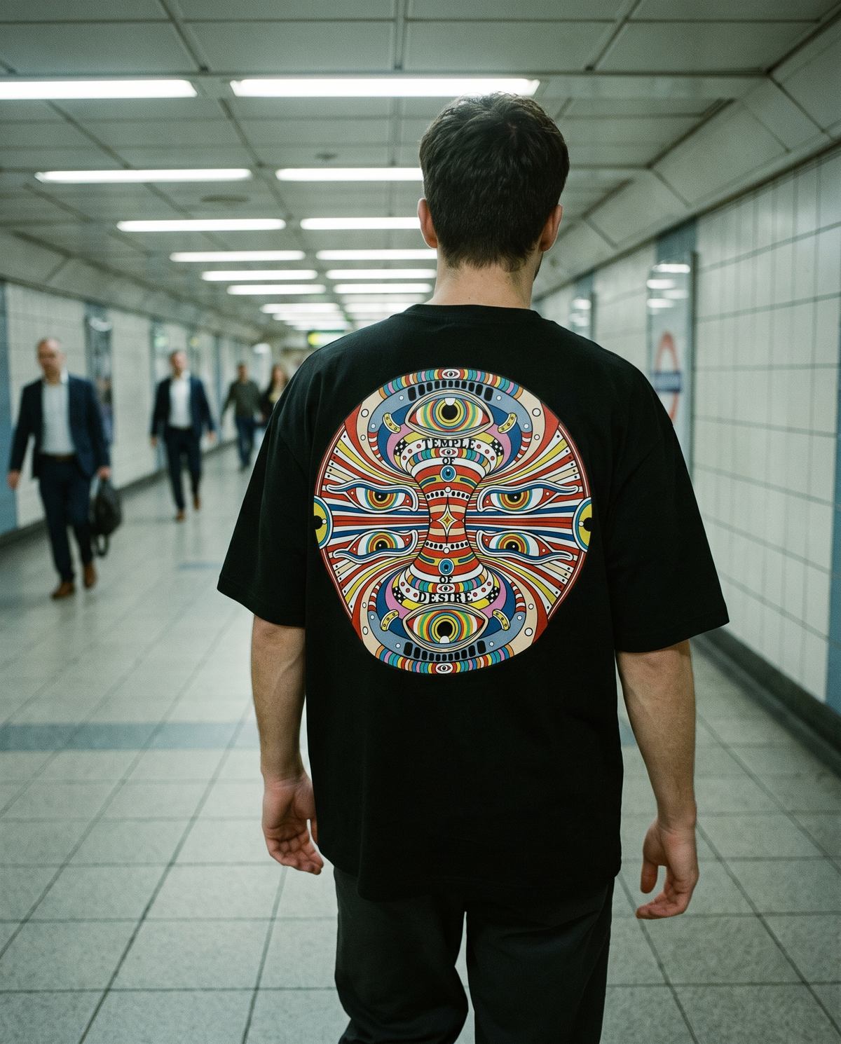 Mandala — Hundert Augen: schwarzes Oversized-T-Shirt mit Rückenprint, getragen.