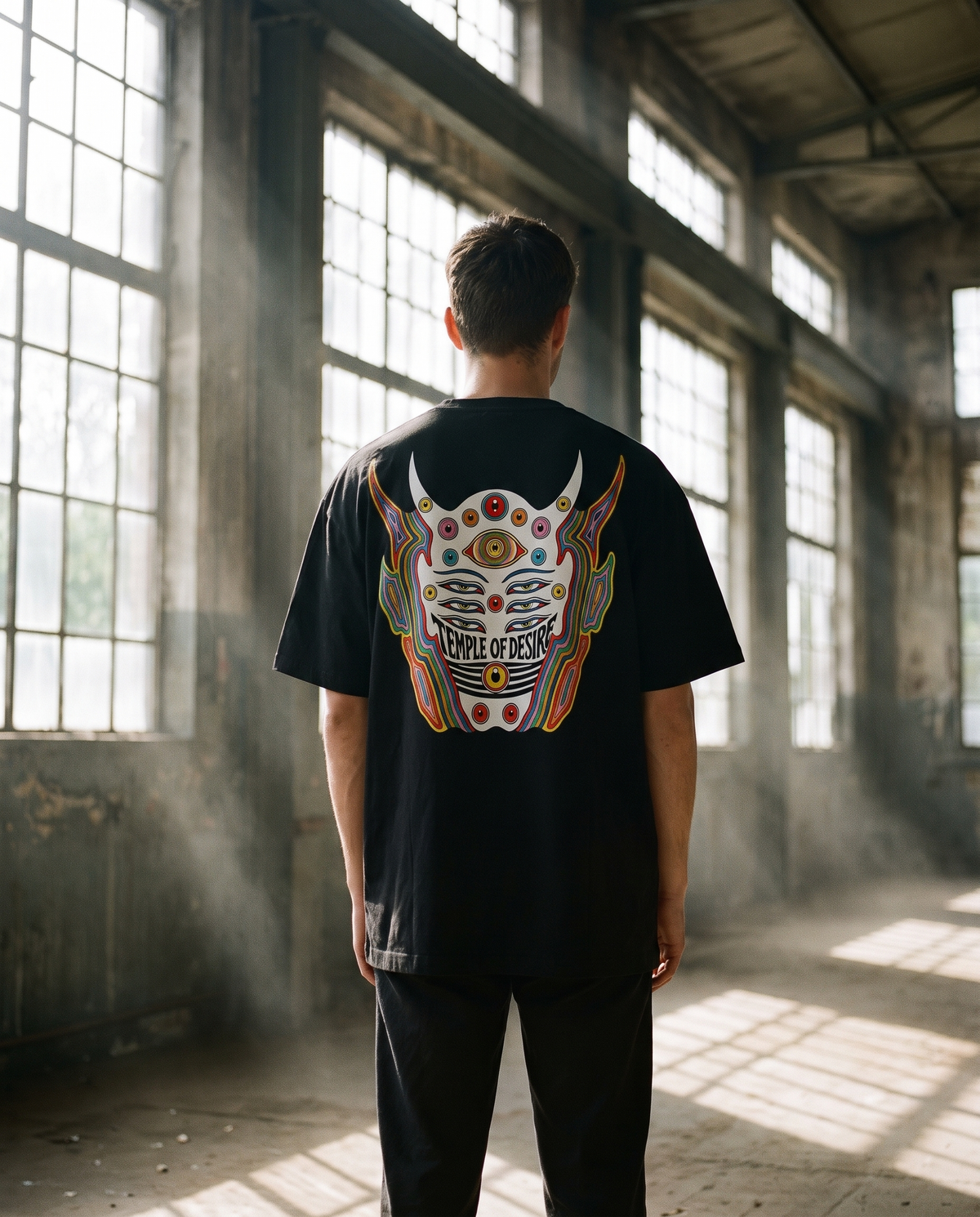 Hüter — Maske: schwarzes Oversized-T-Shirt mit Rückenprint, getragen.