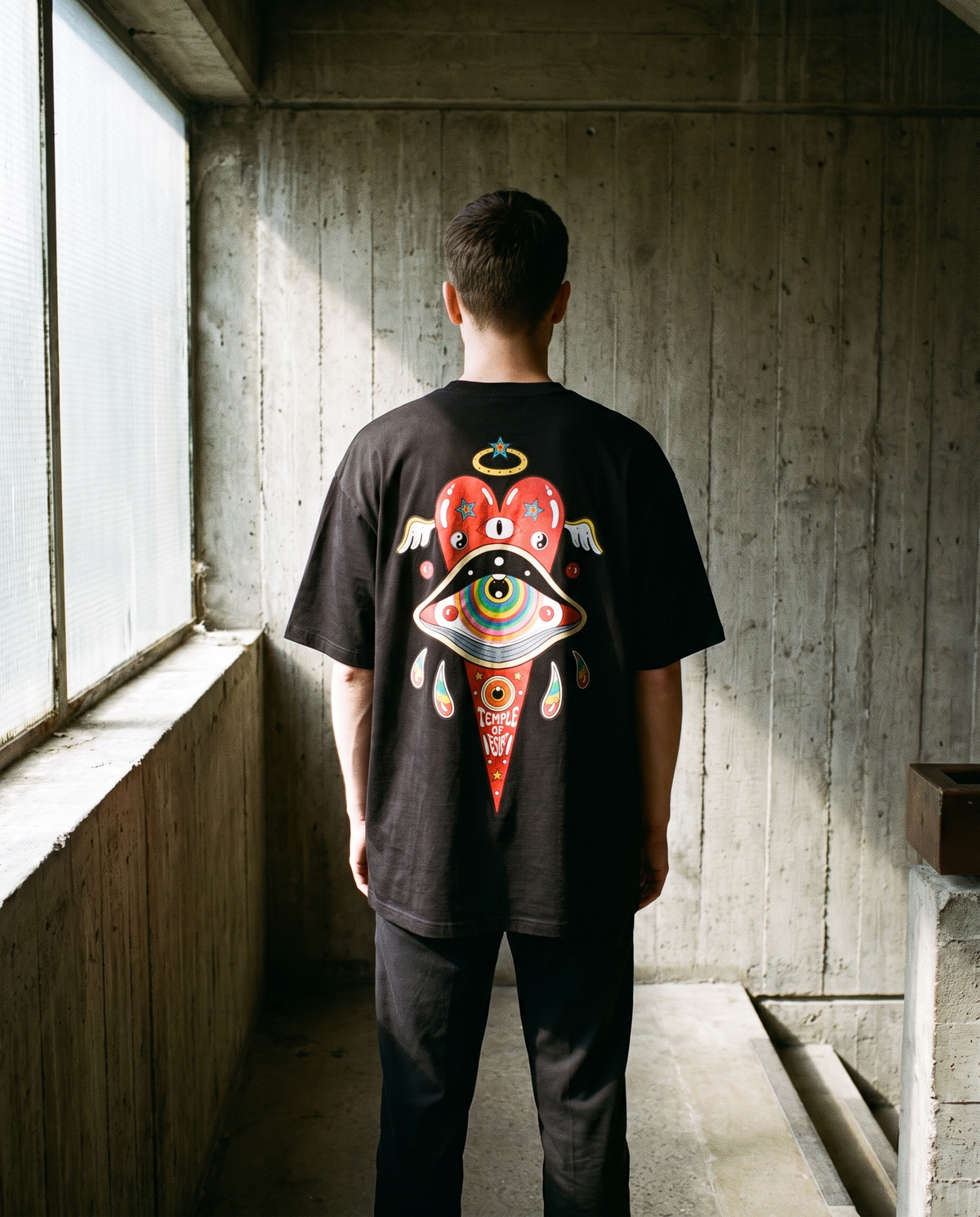 Herz — Wächter: schwarzes Oversized-T-Shirt mit Rückenprint, getragen.