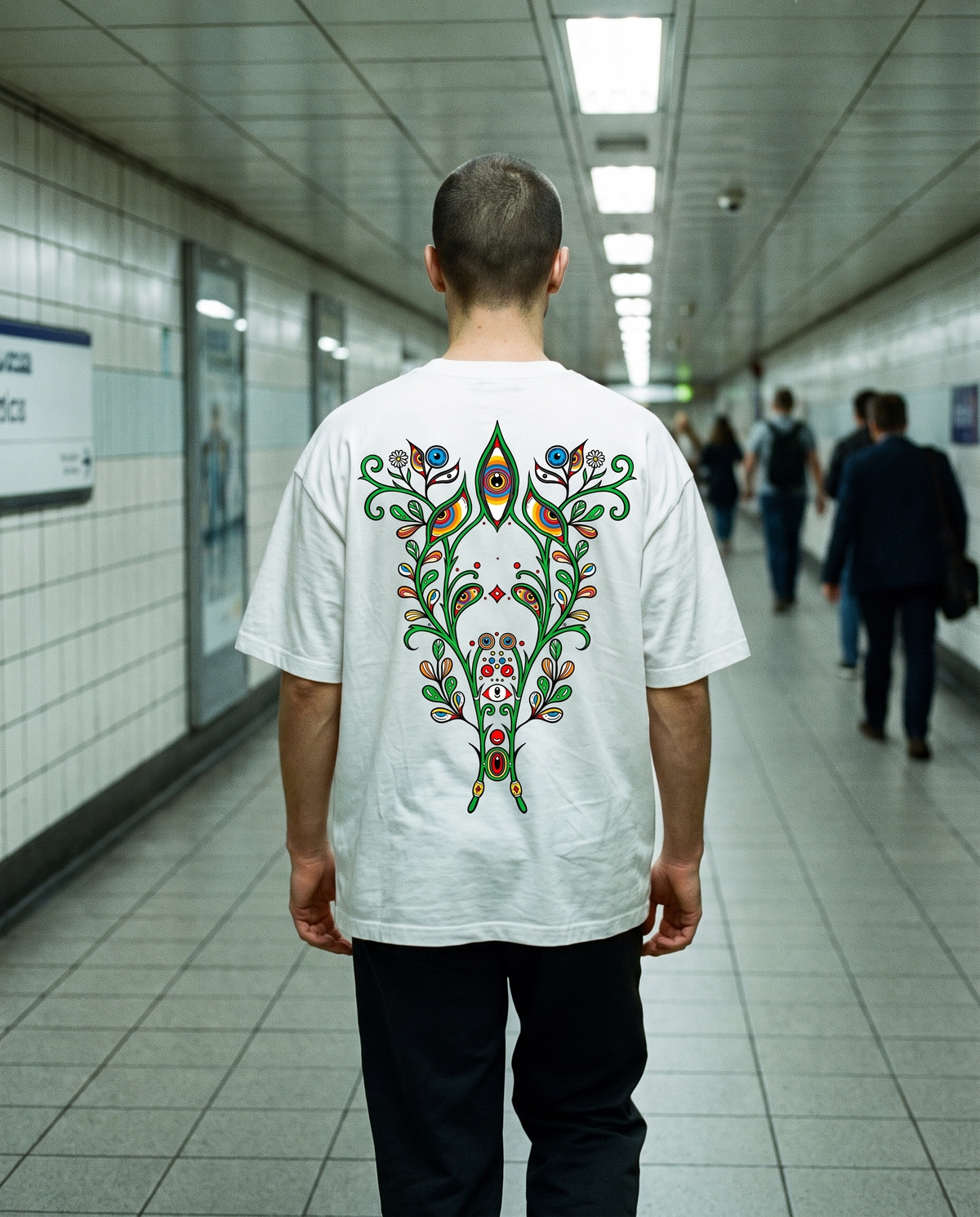 Ranken — Garten: weißes Oversized-T-Shirt mit Rückenprint, getragen.