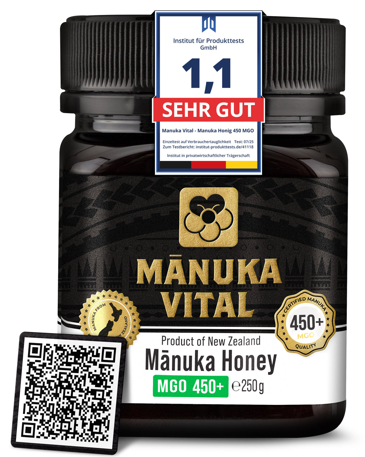Manuka Vital MGO 450+ Glas mit Testsiegel und QR-Code