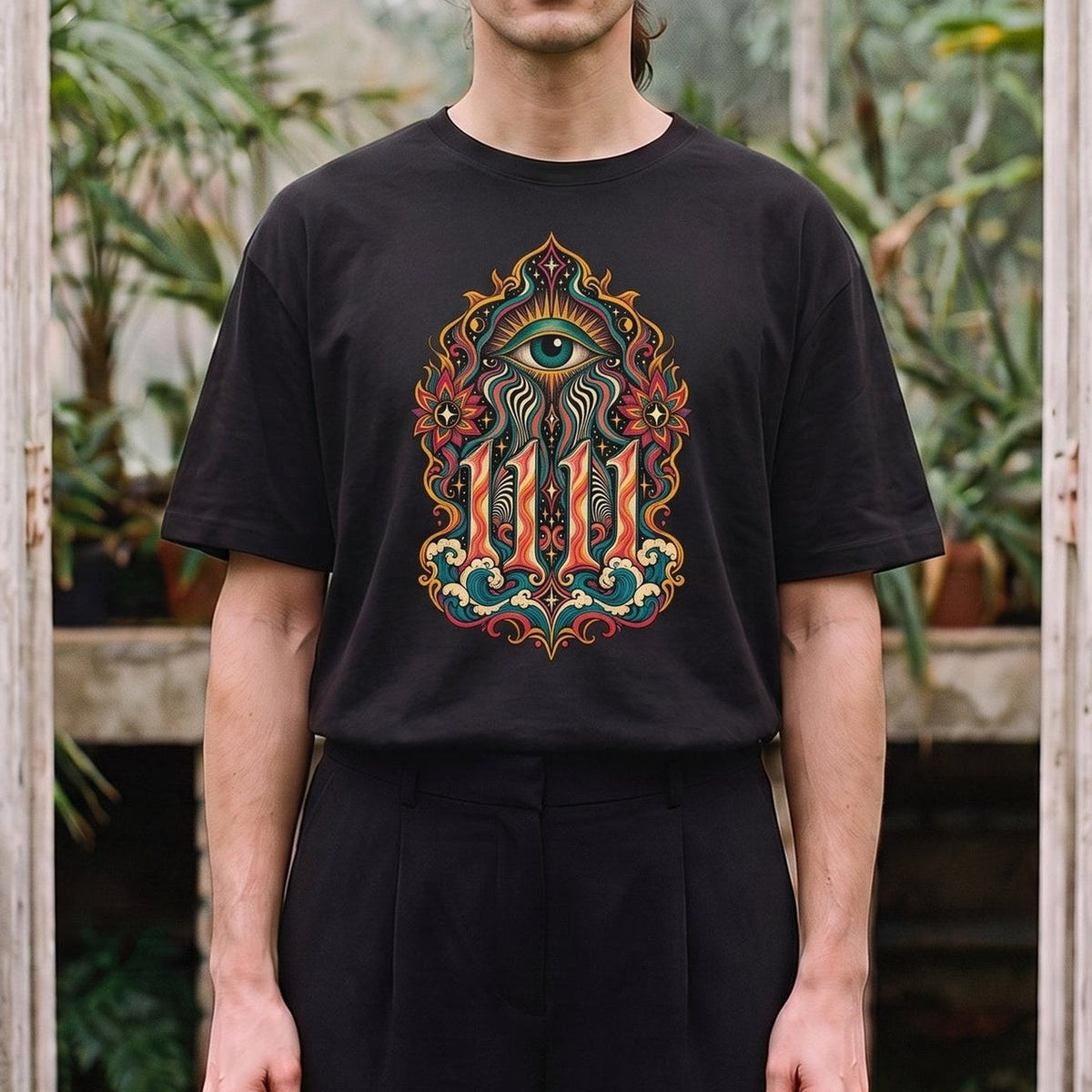 1111 — Das Signal: schwarzes Oversized-T-Shirt, getragen, Detail.