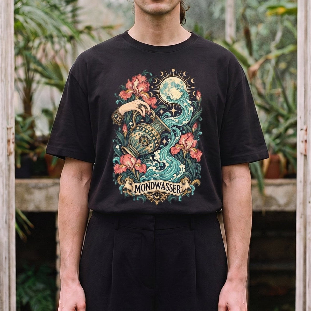 Mondwasser — Blüte: schwarzes Oversized-T-Shirt, getragen, Detail.