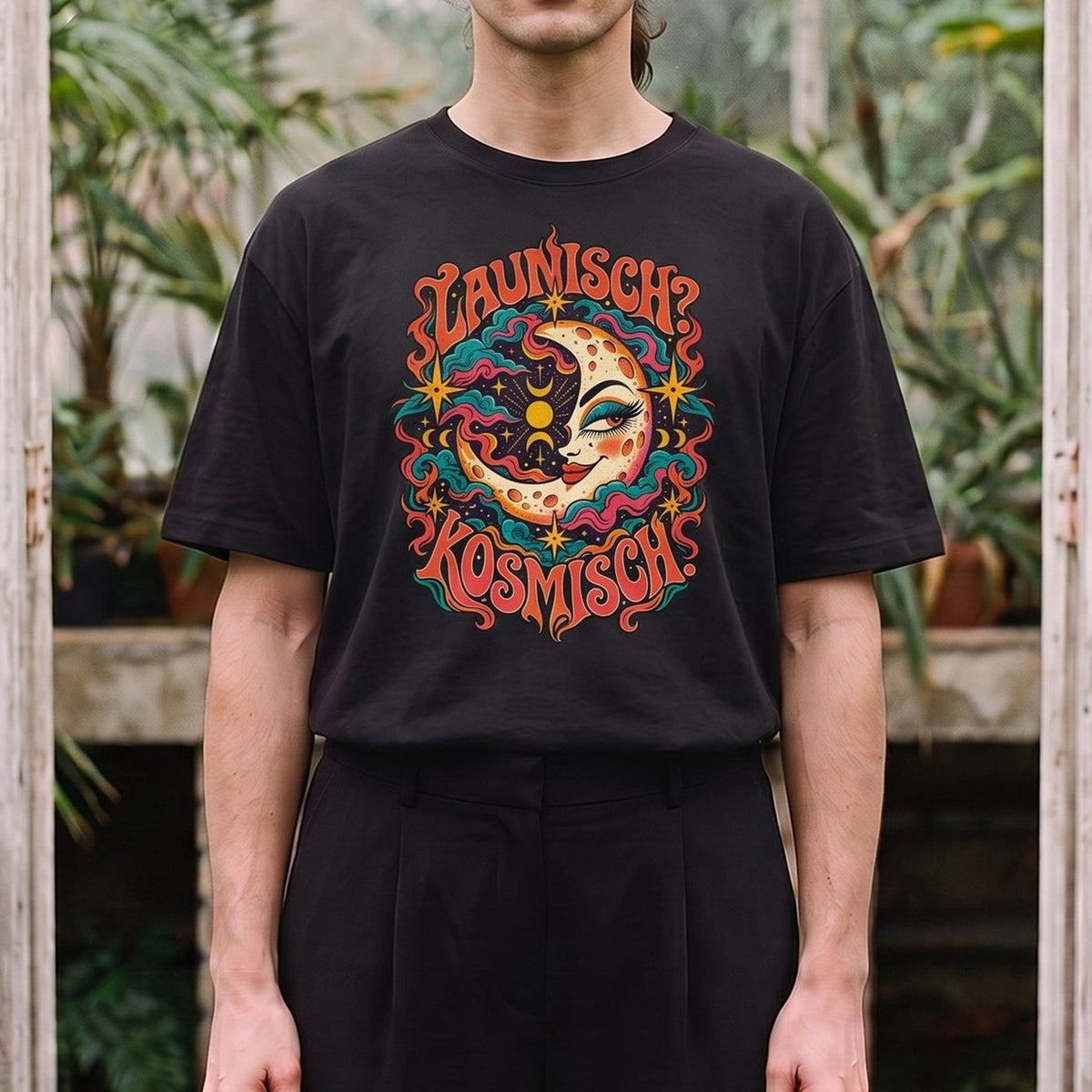 Launisch Kosmisch: schwarzes Oversized-T-Shirt, getragen, Detail.