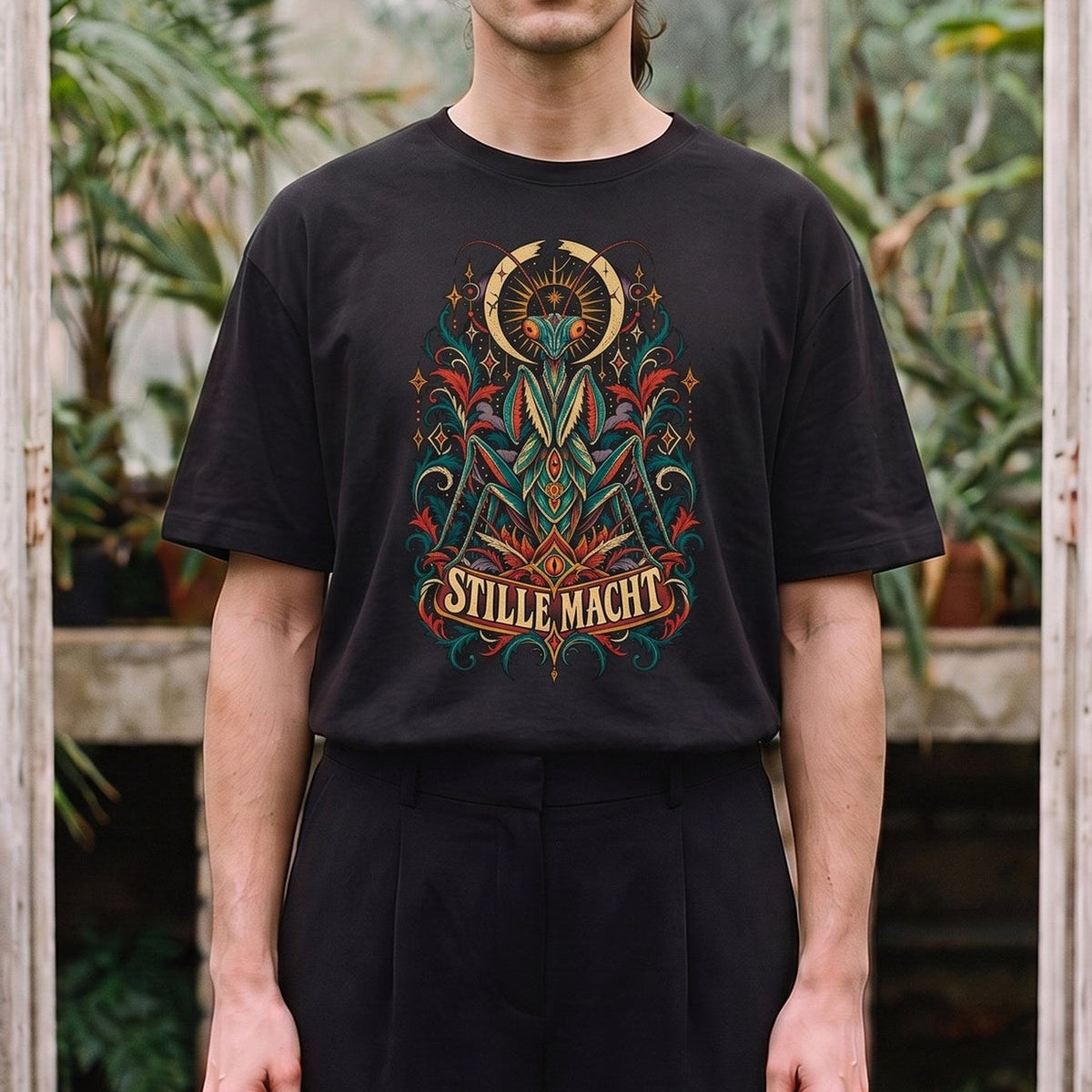 Stille Macht — Mantis: schwarzes Oversized-T-Shirt, getragen, Detail.