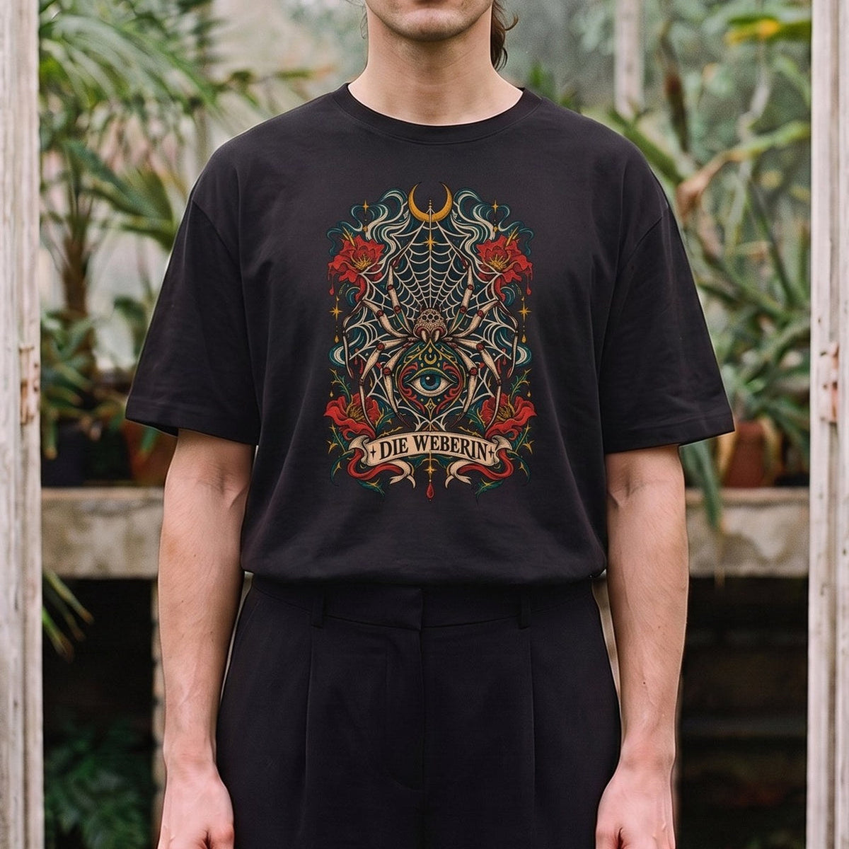 Die Weberin — Spinne: schwarzes Oversized-T-Shirt, getragen, Detail.