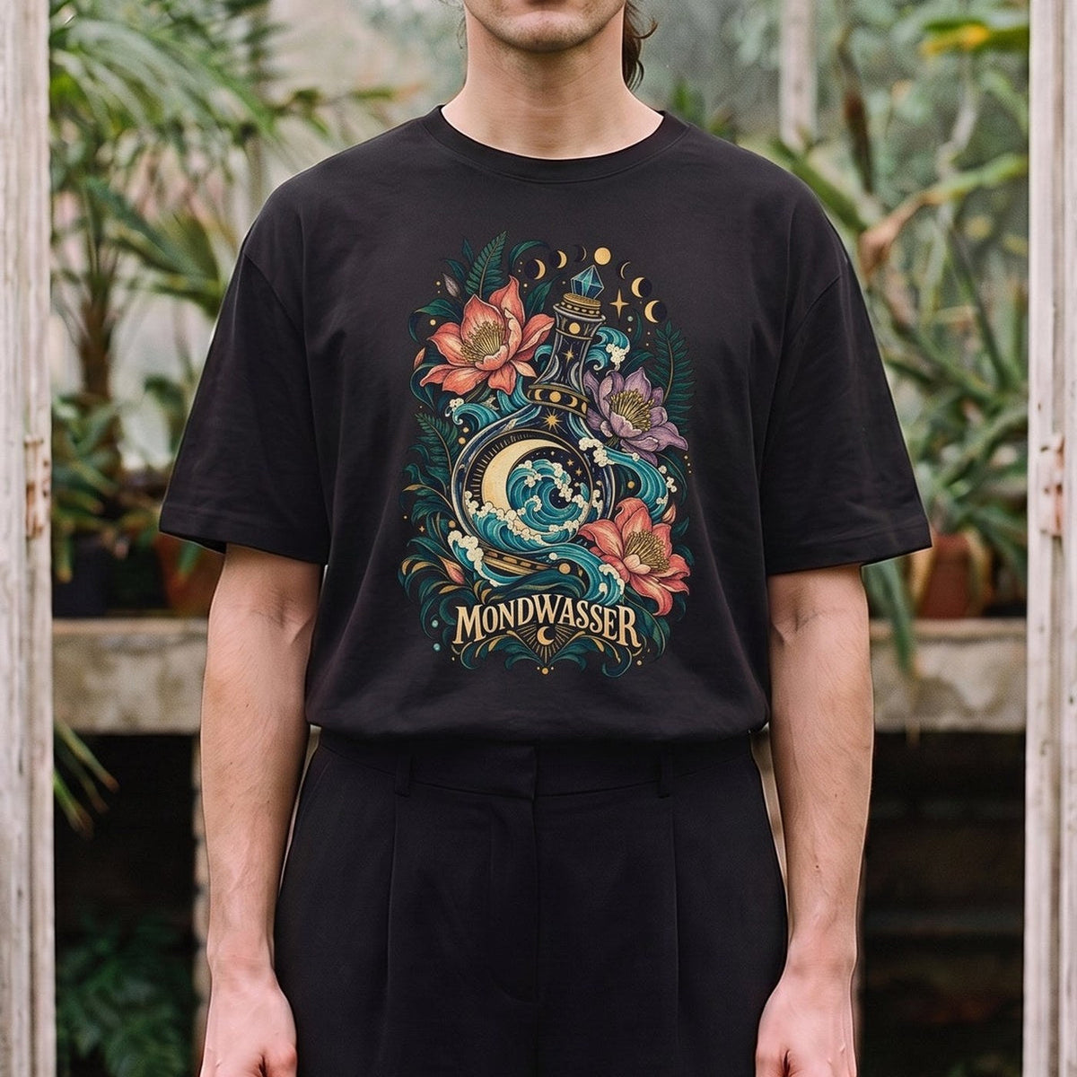 Mondwasser — Nachtgarten: schwarzes Oversized-T-Shirt, getragen, Detail.
