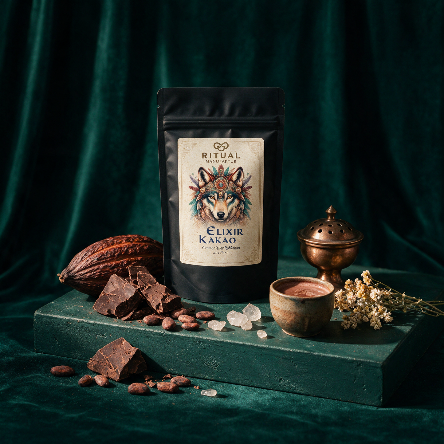 Elixir Zeremonie-Kakao Peru | Sanfter Criollo-Trinitario Rohkakao – Produktansicht vor tiefem Smaragdgrün