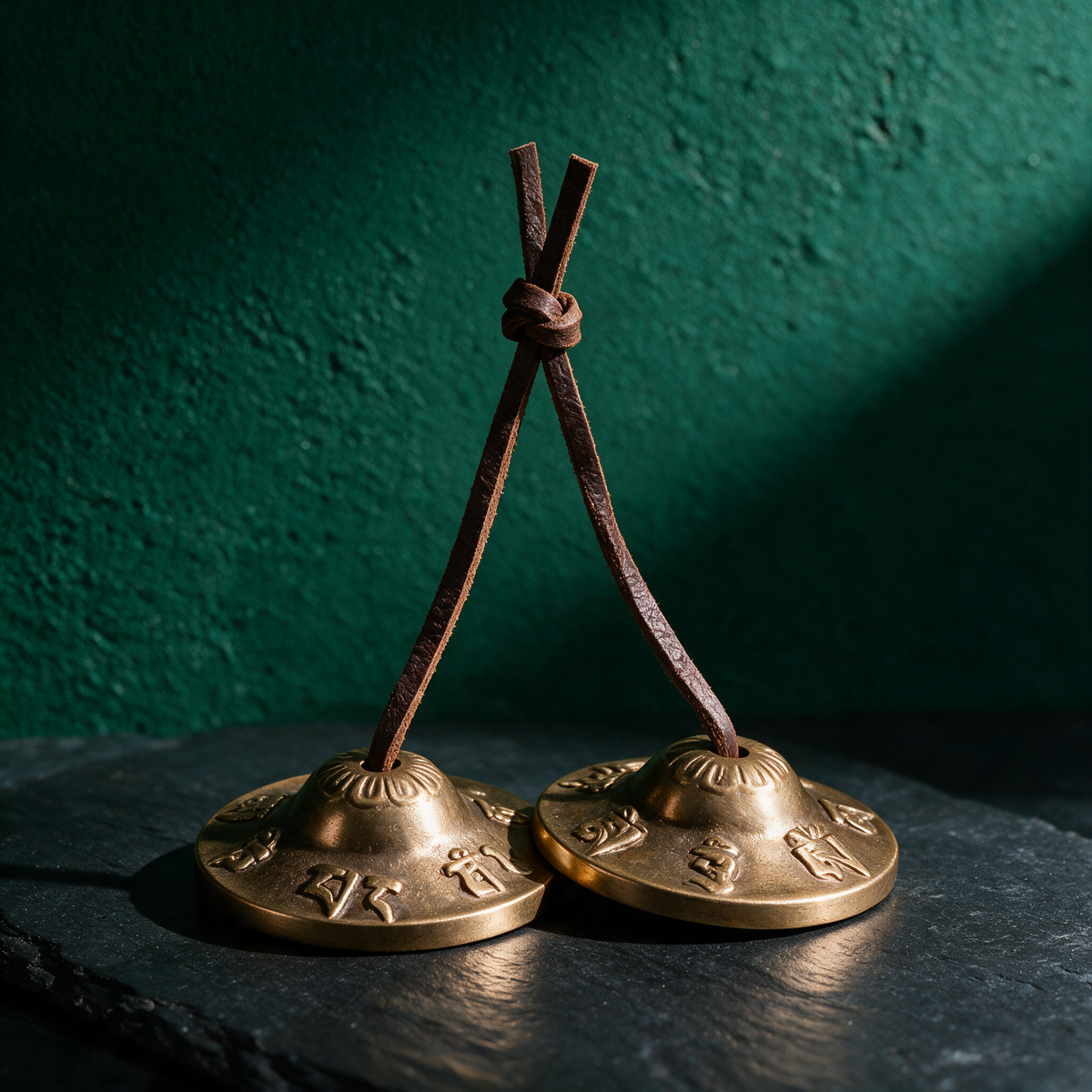 Zimbel mit OM-Relief | Klang für Meditation & Raumreinigung – reine Produktansicht in der smaragdgrünen Temple-of-Desire-Bildwelt