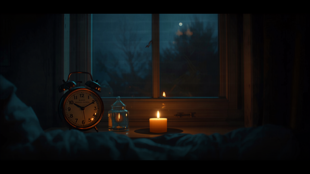03:33 Uhr Bedeutung: Nachttisch mit glühender Uhr und Kerze im Mondlicht – Dreifachstunde für Liebe und Zwillingsflamme